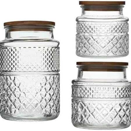 Glass Storage Jars Vintage Embossed Canisters Food Cereal Storage Containers with Bamboo Lid, Decorative Jars for Kitchen Counter,Pantry,Set 3-Piece Glass Jars in 60 oz/40 oz/20 oz (Round)