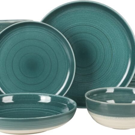 16 Piece Double Bowl Stoneware Reactive Glaze Round Plates and Bowls Dinnerware Set - Teal