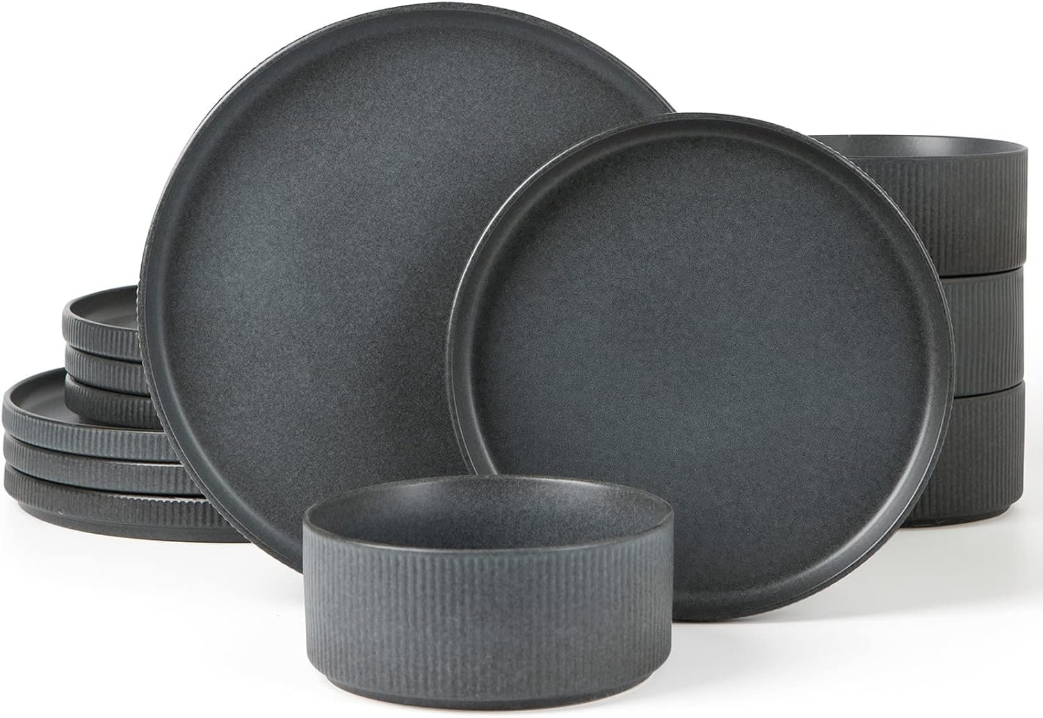 Dinnerware Sets, Plates and Bowls Set for 4, 12 Pieces Dish Set - Chip and Scratch Resistant, Microwave and Dishwasher Safe Kitchen Set, Matte Dark Charcoal