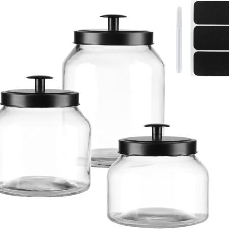 Clear Glass Kitchen Canister Set, Cookie Jar, Food Storage Container, Bathroom Jar with Metal Airtight Lid (Black)