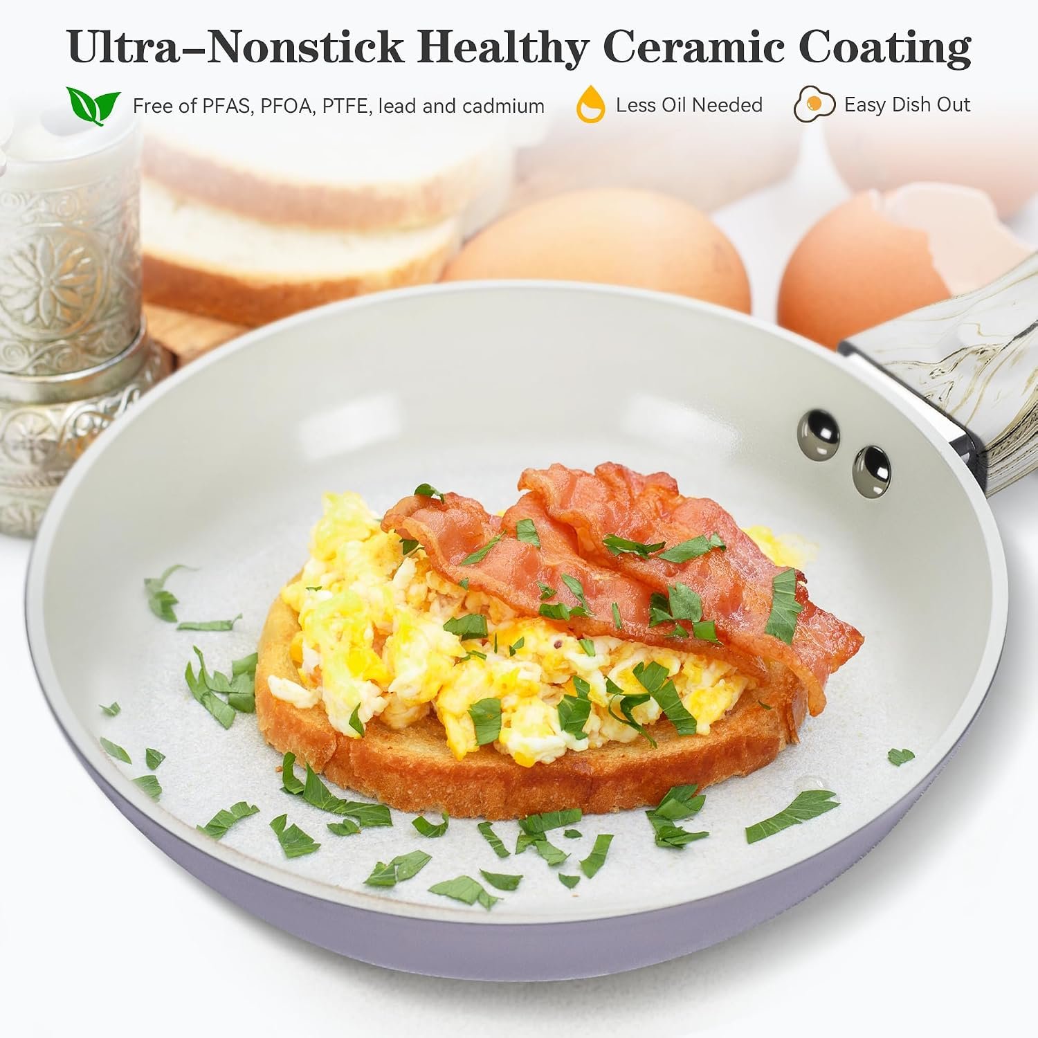 Nonstick Frying Pans Set, 8" 9.5" 11" Ceramic Frying Pan Set, Ceramic Pan Skillet with Stay Cool Handle, Non Toxic Pans for Cooking & Dishwasher Safe, Purple & White - Image 2