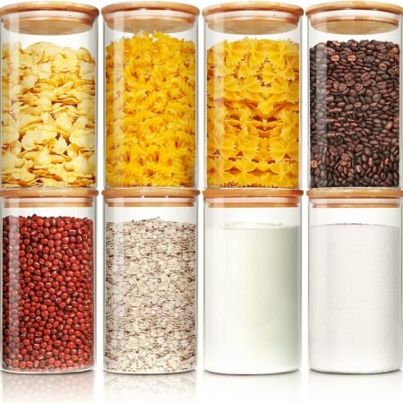 Glass Jars with Bamboo Lids 30 floz [Set of 8], Glass Canisters with Airtight Lids, Glass Food Storage Containers for Pasta, Oats, Coffee, Flour, Sugar, Rice, Best for Kitchen & Pantry
