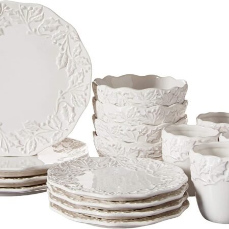 Holiday Round Dinnerware Set – 16-Piece Ceramic Party Collection w/ 4 Dinner Salad Plates, 4 Bowls & 4 Mugs –Gift Idea for Special Occasions, White,