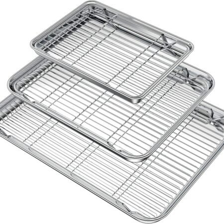 Baking Sheet with Rack Set (3 Pans + 3 Racks), Stainless Steel Baking Pan Cookie Sheet with Cooling Rack, Non Toxic & Heavy Duty & Easy Clean