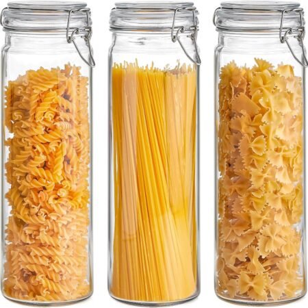 60oz Airtight Glass Jars Set of 3 with Lids Food Storage Jar Round - Tall Spaghetti Container with Clear Preserving Seal Wire Clip Fastening, Pasta jar for Kitchen Canning, Nut,Oat, Dry Goods
