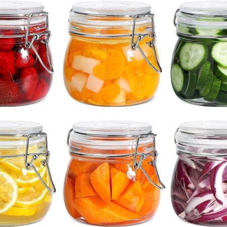 Airtight Glass Canister Set of 6 with Lids 17oz Food Storage Jar Round - Storage Container with Clear Preserving Seal Wire Clip Fastening for Kitchen Canning Cereal,Pasta,Sugar,Beans,Spice